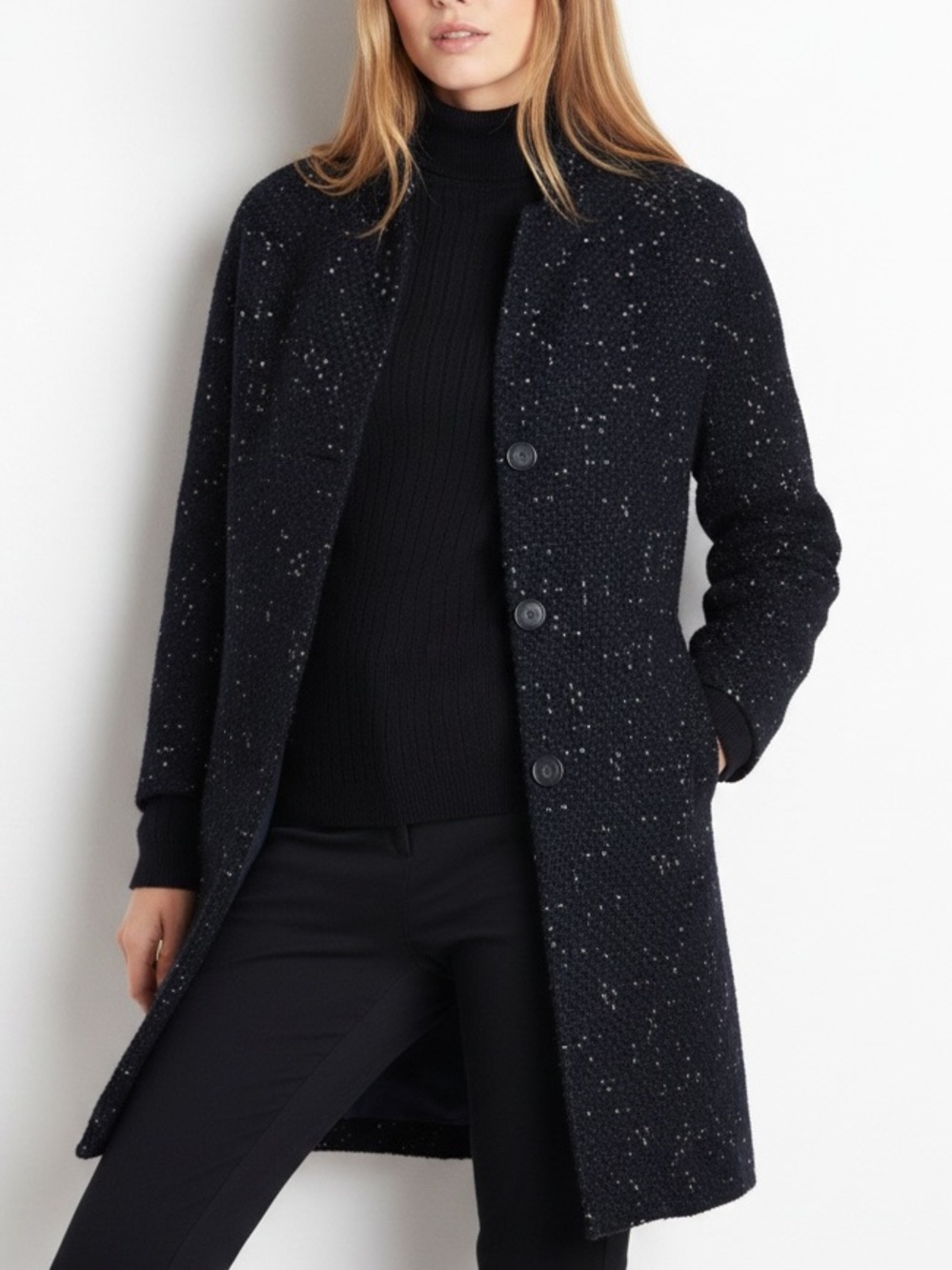 Lands’ End Textured Tweed Boucle Speckled Collarless Pea Coat Navy Size 4 NEW